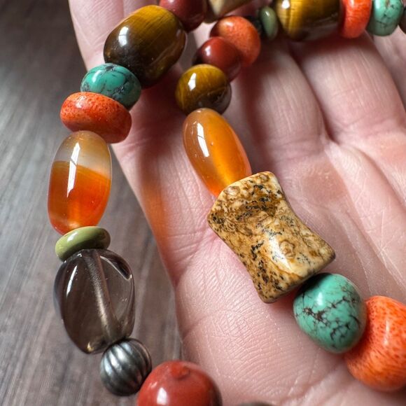 Vintage CAROLYN POLLACK Beaded Gemstone Necklace Sterling Silver 925 Southwest - Picture 6 of 17